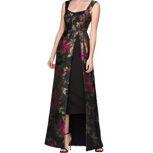 Kay Unger Floral Satine Walk Thru Gown Maxi Dress Bright Rose Multi Size 6 NWT